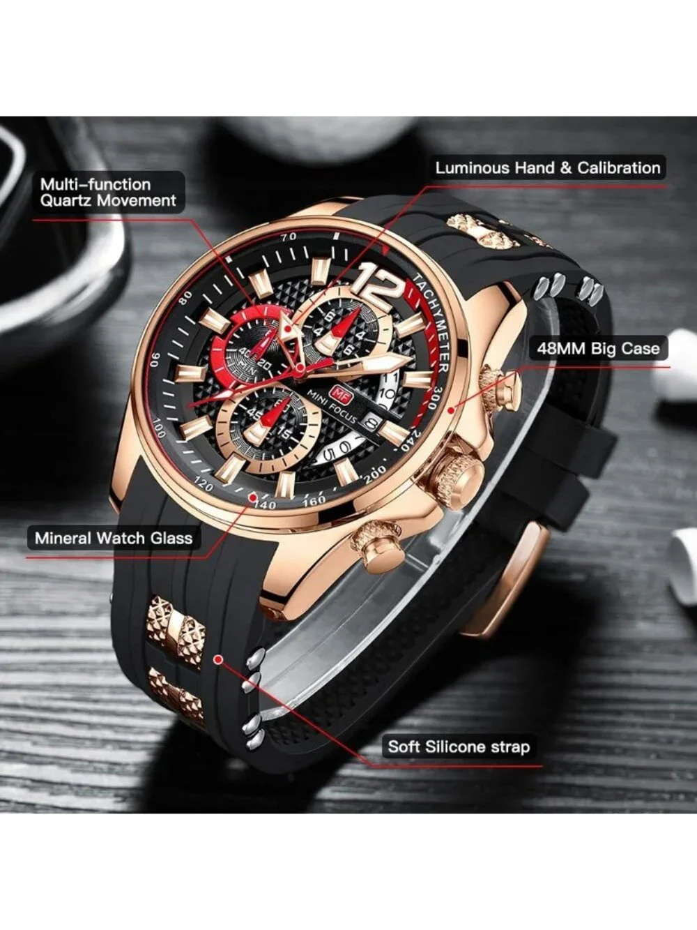 Men's Black Silicon Band Quartz Chronograph Waterproof Luminous Wrist Watch
